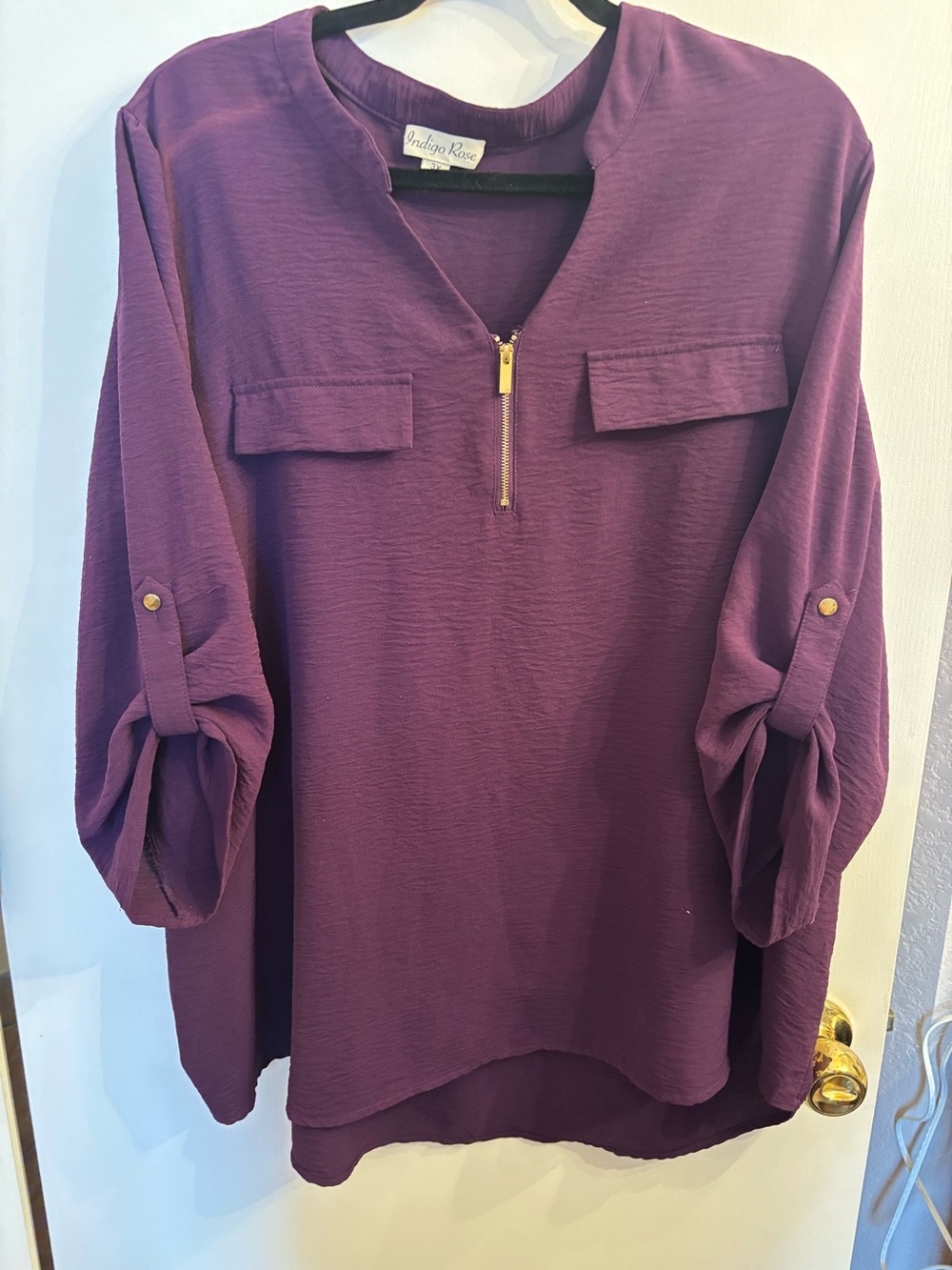 Indigo Rose Blouse Top Purple Plus Size 3X,  Roll Tab Sleeve